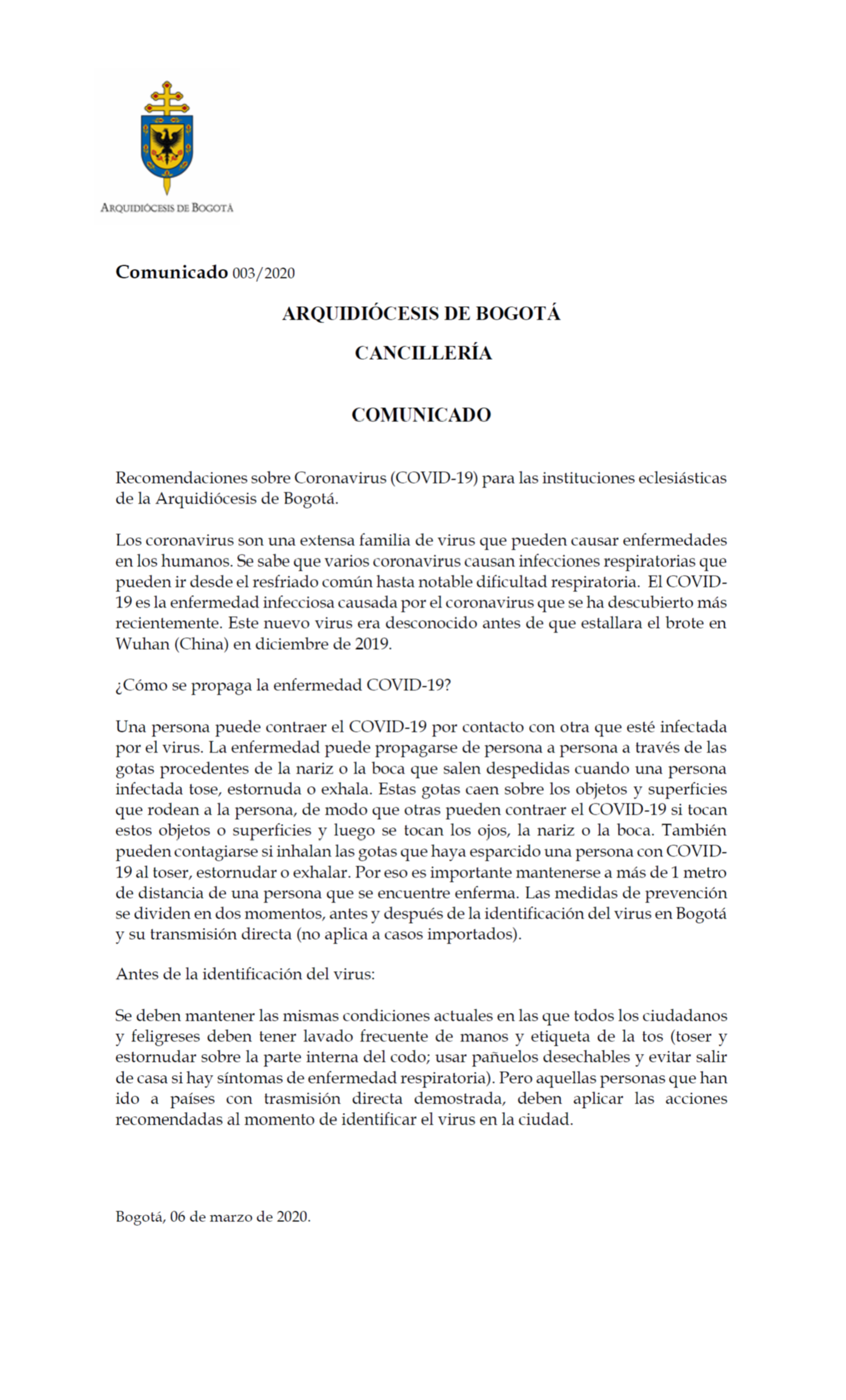 Comunicado coronavirus arquibogota